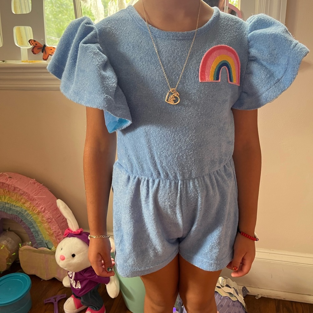 LOLA THE BOYS blue rainbow puff sleeve romper
